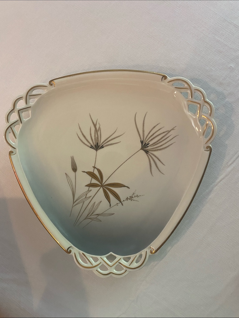 Mid-century Porcelain Serving Dish with Gold Trim.